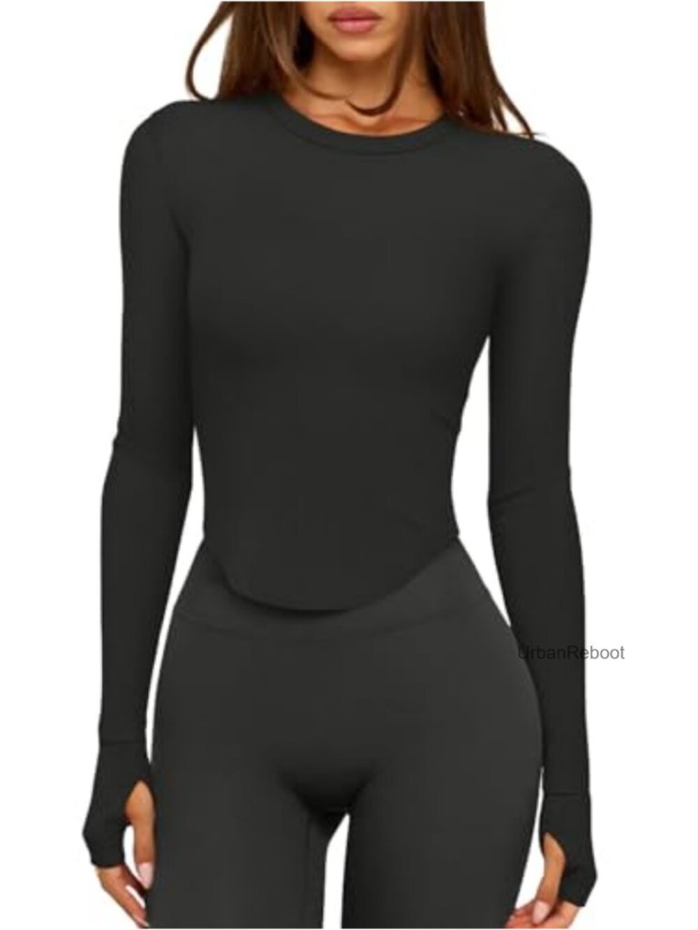 Ribbed Long Sleeve Workout Crop Top Crew Neck Thumbholes Slim Fit Yoga Tee
